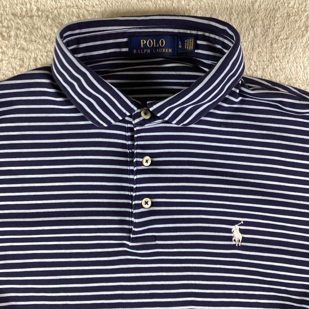 Polo Ralph Lauren Mens Large Navy Blue White Striped Short Sleeve Polo Shirt